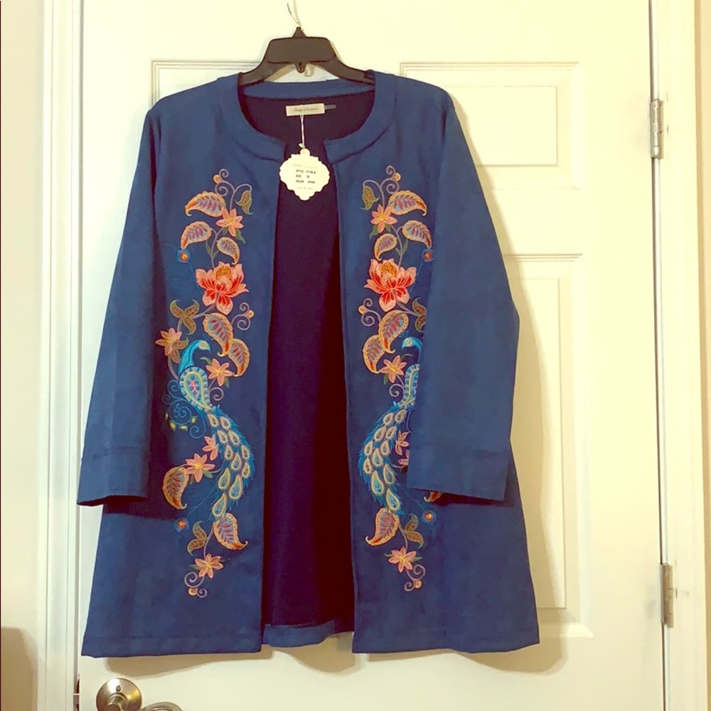 Denim colored jacket with colorful embroidery